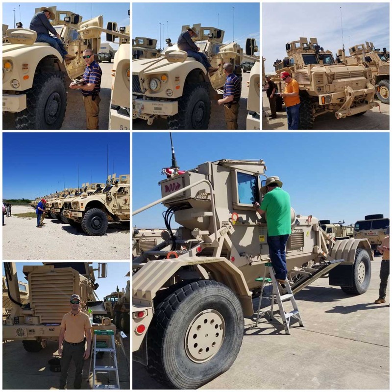 Collage of SHEPRA Inc. employees with military vehicles 1